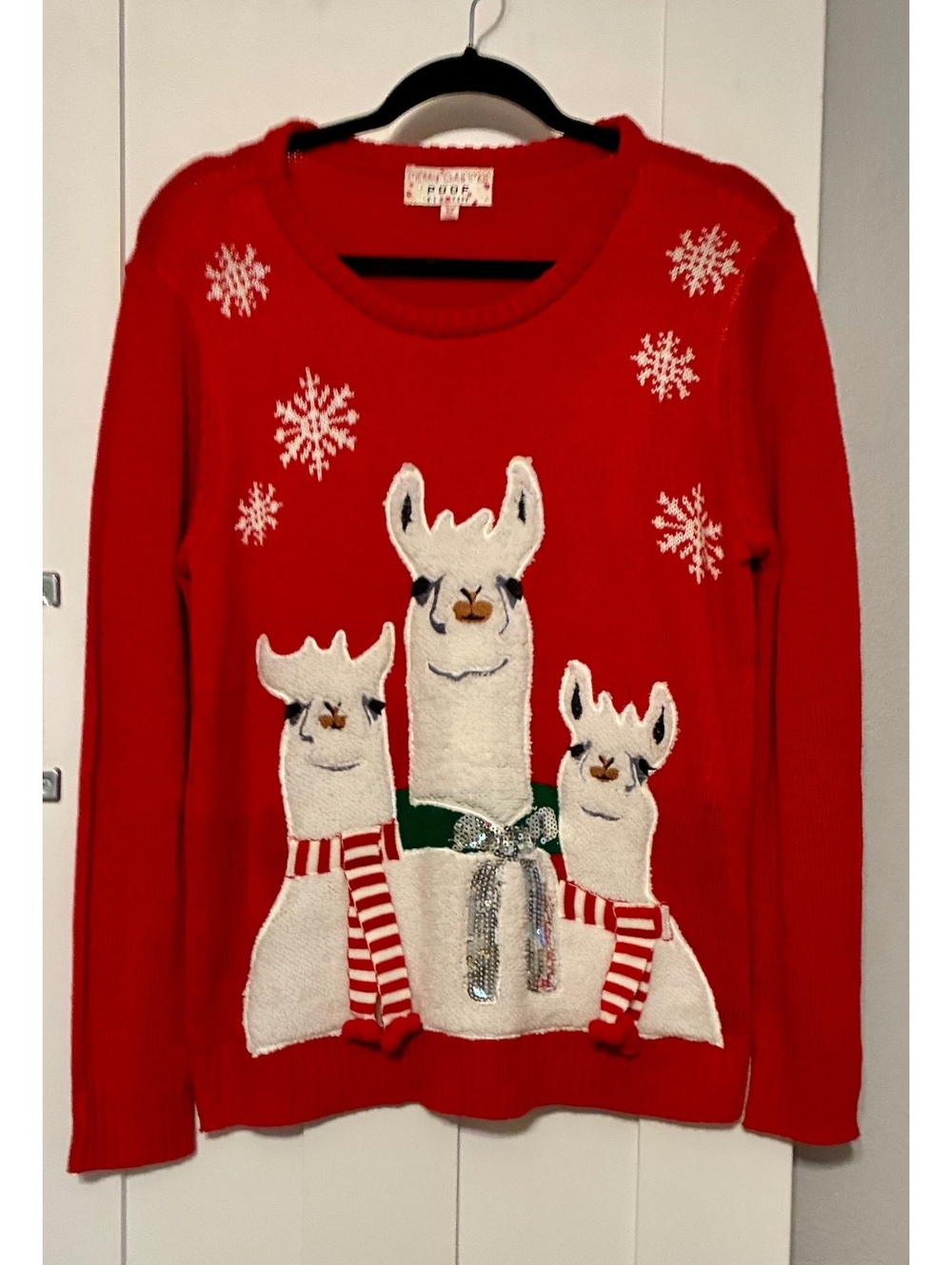 Merry Christmas Poof New York Red Llama Alpacas Ugly Christmas Sweater Size M